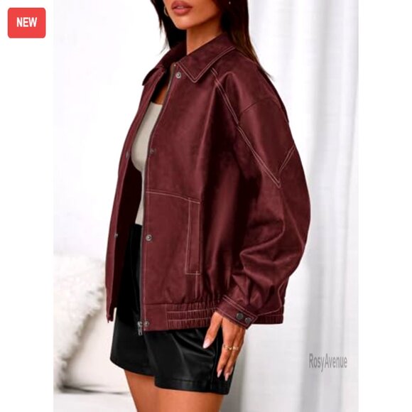 Faux Leather Bomber Jacket Women's Oversized Motorcycle Style Zip Up - Picture 3 of 7